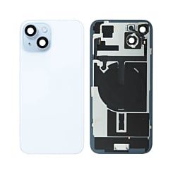 Buy the Back Glass with Frame and Wireless NFC Charging Flex and MagSafe Magnet for iPhone 15 in blue, without the logo.
