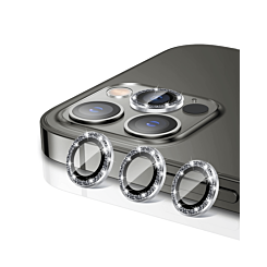 Buy the glitter diamond camera lens with HD tempered glass for iPhone 15 Pro and 15 Pro Max in black.