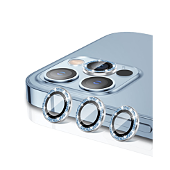 Shop the glitter diamond camera lens with HD tempered glass for iPhone 15 Pro and 15 Pro Max in blue.