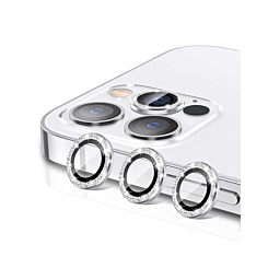 Grab the wholesale deals on the Glitter Diamond Camera Lens with HD Tempered Glass for iPhone 15 Pro and 15 Pro Max in white.