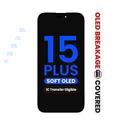 Shop the OLED assembly for iPhone 15 Plus — aftermarket QV8 soft, IC transfer eligible, with exclusive OLED breakage warranty.