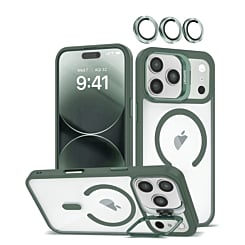 Thin Magnetic Clear Case w/ Camera Stand & Camera Cover - DARK GREEN for iPhone 17 Pro Max (Only Ground Shipping)