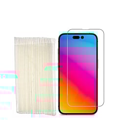 Shop the clear tempered glass for the iPhone 13 Pro Max or 14 Plus — 2.5D, pack of 50, variant 1.