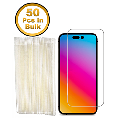 Purchase the Clear Tempered Glass for iPhone 14 Pro Max, 2.5D, pack of 50, premium quality.
