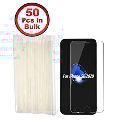 Shop the pack of 50 clear 2.5D tempered glass screen protectors for iPhone SE 2020 and 2022, iPhone 8, 7, 6S, and 6.