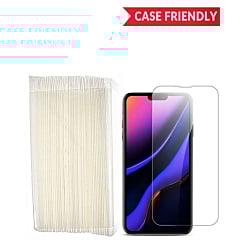 Purchase the pack of 50 clear tempered glass, 2.5D, case friendly, for iPhone 13, 13 Pro, 14, and 16e.