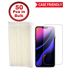 Purchase the pack of 50 clear tempered glass, 2.5D, case friendly, for iPhone 13, 13 Pro, 14, and 16e.