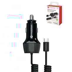 PowerPeak ECONOMY PD Coiled Car Charger w/ USB-C Cable (30W) (BLACK)