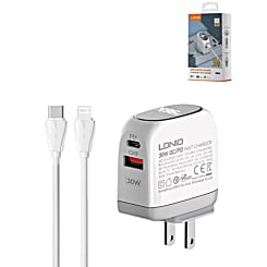 LDNIO A2522C QC3.0+PD Dual USB A Wall Charger w/ USB C-L Non-MFI Cable (30W) (3ft) (Only Ground Shipping)