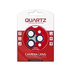 Purchase the QUARTZ HD Tempered Glass with Metal Ring for iPhone 15 Pro and 15 Pro Max Back Camera in blue.