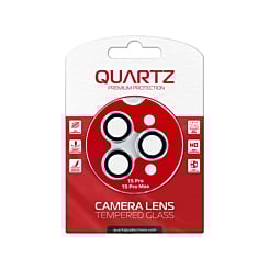 Shop the QUARTZ HD Tempered Glass with Metal Ring for iPhone 15 Pro and 15 Pro Max Back Camera in white.