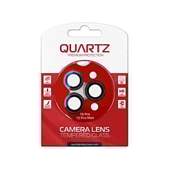 Order the QUARTZ HD Tempered Glass in black with glitter diamond camera lens for iPhone 15 Pro and 15 Pro Max back camera.