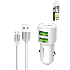 LDNIO C309 3.6A Dual USB-A Car Charger with USB A-M Cable (WHITE) (3ft) (18W) (Only Ground Shipping)