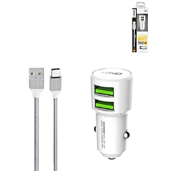 LDNIO C309 3.6A Dual USB-A Car Charger with USB A-C Cable (WHITE) (3ft) (18W) (Only Ground Shipping)