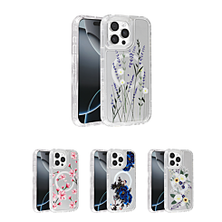 Flower Design Transparent Case w/ Wireless Charger for iPhone 15 Pro Max (Only Ground Shipping)