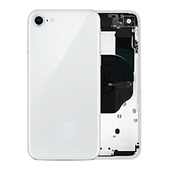 Shop the white back housing frame with small components pre-installed for iPhone 8 and SE 2020 – no logo.
