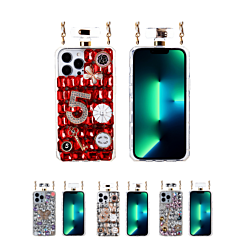 iPhone 13 Pro Perfume Bottle Design Big Stones Case w/Long Metal Leather Rope