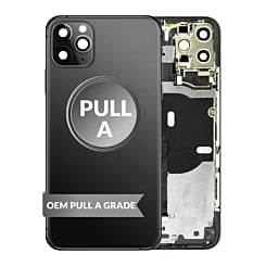 Stock up on the Back Housing Frame, OEM Pull A Grade, with small parts pre-installed for iPhone 11 Pro Max in Space Gray.