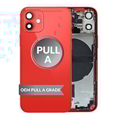 Buy the back housing frame with small components pre-installed for iPhone 12 Mini in red, OEM Pull A Grade.
