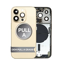 Buy the back housing frame in Gold, US version, OEM pull A grade, with small components pre-installed for iPhone 14 Pro.