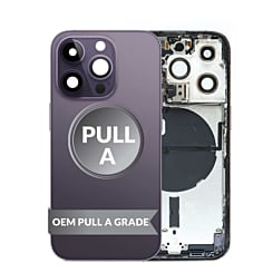 Shop the back housing frame with small components pre-installed for iPhone 14 Pro in Deep Purple, US version, OEM pull A grade.