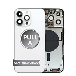 Shop the back housing frame in Silver, US version, OEM Pull A Grade, with small components pre-installed for iPhone 14 Pro Max.