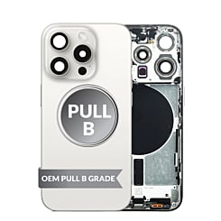 Grab the wholesale deals on the Back Housing Frame in White Titanium, US version, OEM Pull B Grade, with small components already pre-installed for iPhone 15 Pro.
