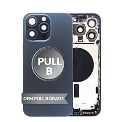 Grab the wholesale deals on the Back Housing Frame in Blue Titanium, US Version, OEM Pull B Grade, with Small Components Pre-Installed for iPhone 15 Pro Max.
