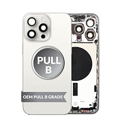 Buy the Back Housing Frame in White Titanium, US Version, OEM Pull B Grade, with Small Components Pre-Installed for iPhone 15 Pro Max.