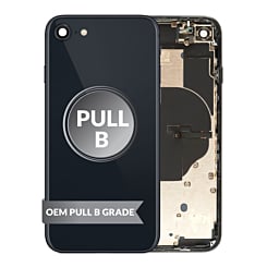 Stock up on the midnight back housing frame for iPhone SE 2022, OEM pull B grade, with small components pre-installed.
