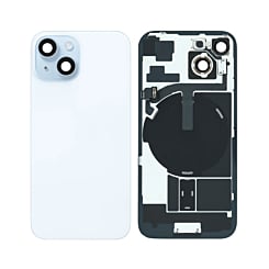 Shop the Back Glass in blue, OEM Pull B Grade, with frame, wireless NFC charging flex, and MagSafe magnet for iPhone 15.
