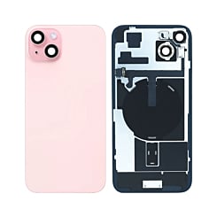 Grab the wholesale deals on the pink back glass with frame, wireless NFC charging flex, and MagSafe magnet for iPhone 15 Plus — OEM pull A grade.