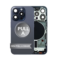 Buy the Back Housing Frame in Blue Titanium, US version, OEM Pull A Grade, with small components pre-installed for iPhone 15 Pro.