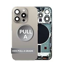 Shop the Back Housing Frame in Natural Titanium, US version, OEM Pull A Grade, with small components already pre-installed for iPhone 15 Pro.
