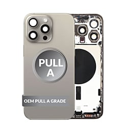 Shop the Back Housing Frame in Natural Titanium, US Version, OEM Pull A Grade, with Small Components Pre-Installed for iPhone 15 Pro Max.