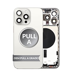 Order the Back Housing Frame in White Titanium, US Version, OEM Pull A Grade, with Small Components Pre-Installed for iPhone 15 Pro Max.