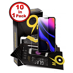 Purchase the pack of 10 clear tempered glass, 2.5D, for iPhone 13, 13 Pro, 14, and 16e.

