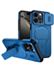 Magnetic Push Slide Lens Case with Kickstand (BLUE) for iPhone 15 Pro Max (Only Ground Shipping)