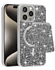 Magnetic Diamond Dual Layer Protection Case with Magnetic Card Slot- SILVER for iPhone 15 Pro Max (Only Ground Shipping)
