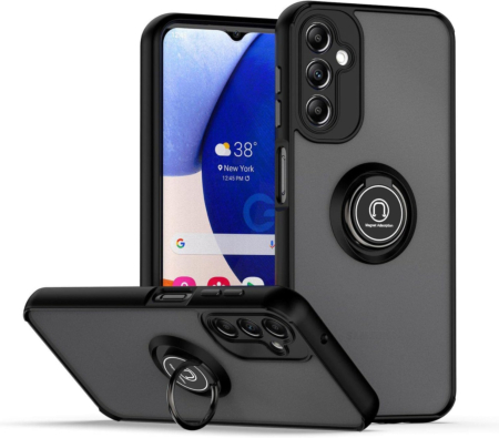 Galaxy A14 4G/5G Hard PC Rear / Soft TPU Colorful Border Case with I-ring Holder - BLACK (Only Ground Shipping)