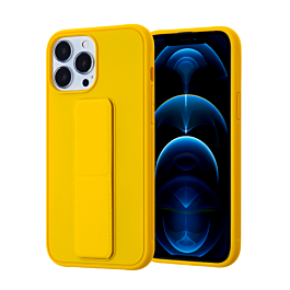 Hand Strap Vertical Magnetic Kickstand Case - YELLOW for iPhone 13 Pro Max (Only Ground Shipping)