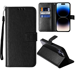 Leather Wallet Case with Card Slot - BLACK for iPhone 14 Pro Max (Only Ground Shipping)