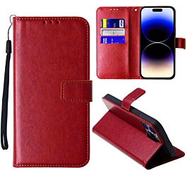 Leather Wallet Case with Card Slot - RED for iPhone 14 Pro Max (Only Ground Shipping)