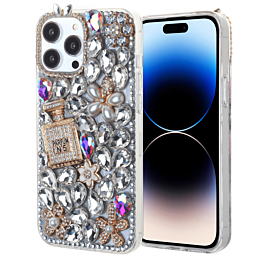 Crystal Flower Perfume Silicone Hard Case - SILVER for iPhone 14 Pro Max (Only Ground Shipping)