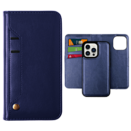 Genuine Leather Magnetic Wallet Case with Credit Card Slot - DARK BLUE for iPhone 14 Pro (Only Ground Shipping)
