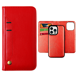 Genuine Leather Magnetic Wallet Case with Credit Card Slot - RED for iPhone 14 Pro (Only Ground Shipping)