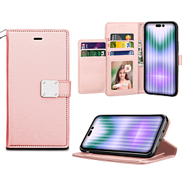 Elegant Leather Wallet Case - ROSE GOLD for iPhone 14 Pro Max (Only Ground Shipping)