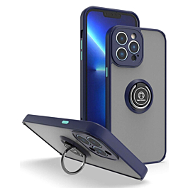 Hard PC Rear Soft TPU Colorful Border Case with I-ring Holder - NAVY BLUE for iPhone 14 Pro (Only Ground Shipping)