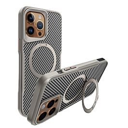Carbon Fiber Magnetic Kickstand Case - GRAY for iPhone 14 Pro Max (Only Ground Shipping)