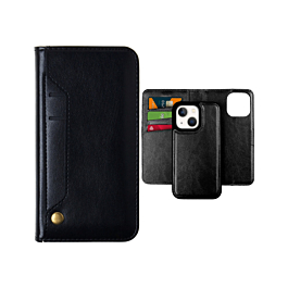 iPhone 14 Plus / 15 Plus Genuine Leather Magnetic Wallet Case with Credit Card Slot - BLACK (Only Ground Shipping)